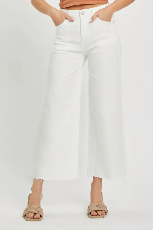 High Rise Tummy Control Wide Leg Crop Pants - Cream