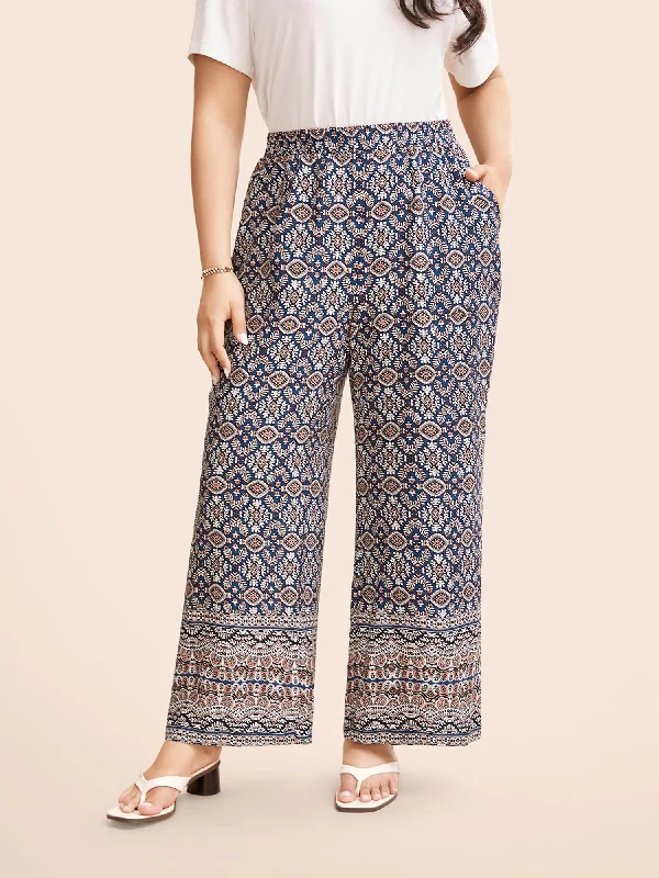 Boho Print Elastic Waist Wide Leg Pants