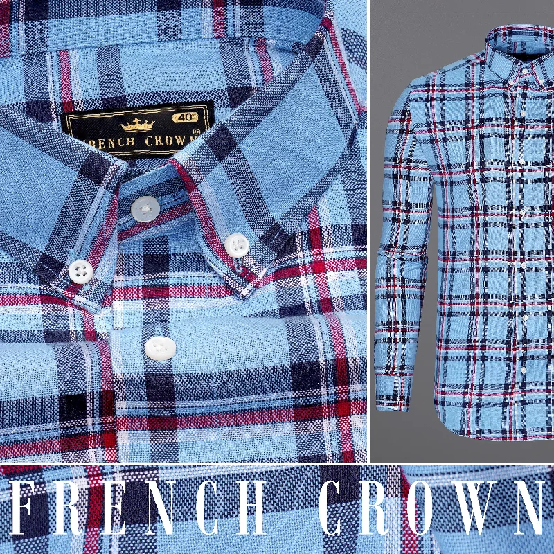 Seagull Sky Blue with Zodiac Navy Blue and Claret Red Plaid Royal Oxford Shirt